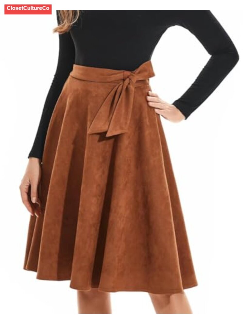 Faux Suede Knee Length High Waist A-Line Skater Midi Skirt
